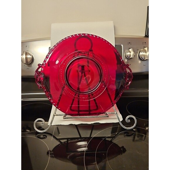 Vintage Paden City Red Depression Glass Filigree Gadroon Pattern Cheese Plate - Picture 13 of 13